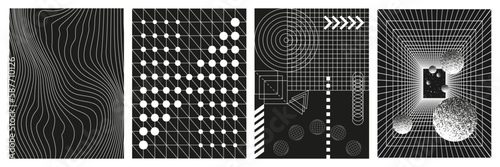 Set of abstract geometric figures contemporary artwork, abstract monochrome vector set posters, cover, invitation inspired brutalism. Flat vector illustration with 3d wireframe models. 