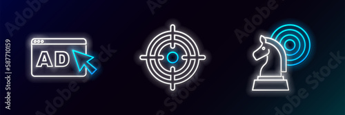 Set line Chess, Advertising and Target icon. Glowing neon. Vector