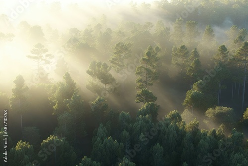Aerial view of misty pine forest at sunrise in summer. Generative AI