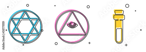 Set Star of David, Masons and Bottle with love potion icon. Vector