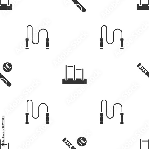 Set Baseball bat with ball, Horizontal bar and Jump rope on seamless pattern. Vector