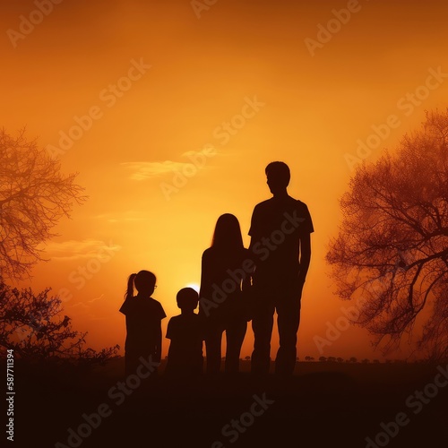 Family Vacation In Nature. Young Mom  Dad And Their Daughters And Son Meet At Sunset. Created with generative AI.