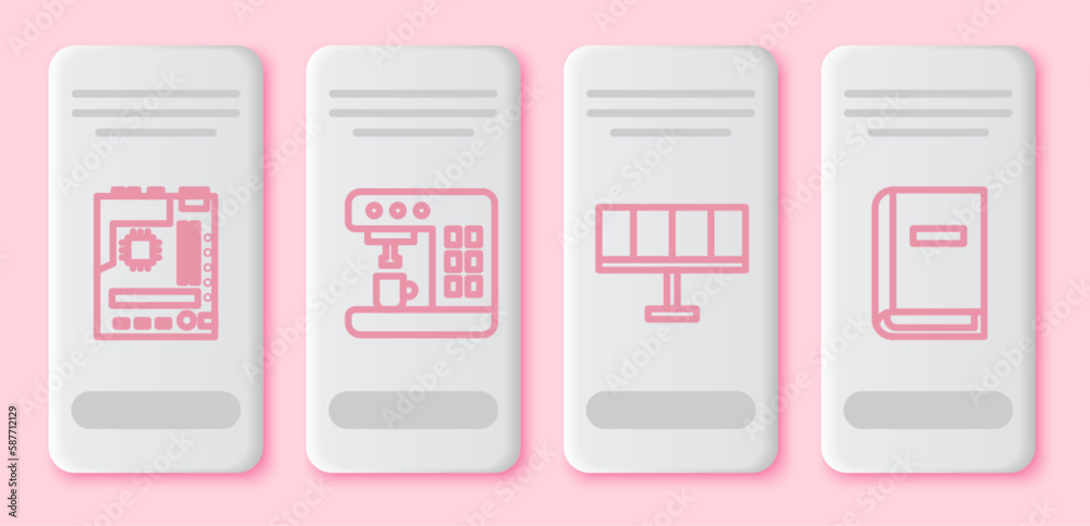Set line Motherboard, Coffee machine, Solar energy panel and User manual. White rectangle button. Vector Set line Motherboard, Coffee machine, Solar energy panel and User manual. White rectangle button. Vector