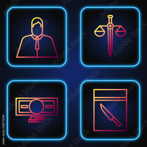 Set line Evidence bag and knife, Stacks paper money cash, Lawyer, attorney, jurist and Scales of justice. Gradient color icons. Vector