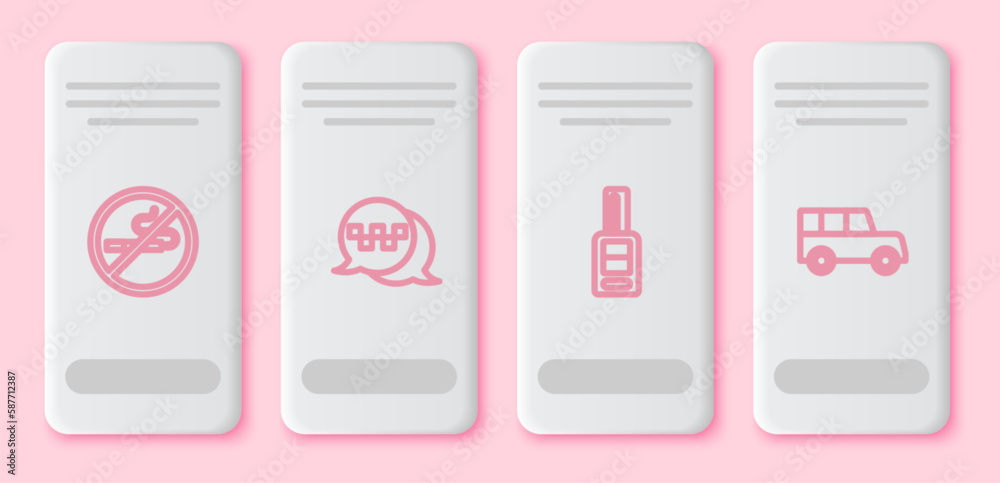 Set line No Smoking, Taxi call telephone service, Car key with remote and . White rectangle button. Vector Set line No Smoking, Taxi call telephone service, Car key with remote and . White rectangle button. Vector
