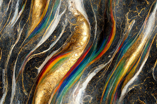 Continuous abstract rainbow marble with melted black, gold and silver accents pattern, seamless vibrant textured background, repeating tiled sophisticated wallpaper, generative ai