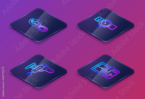 Set Isometric line Ear with earring, Ray gun, Wrist watch and Tetris. Blue square button. Vector