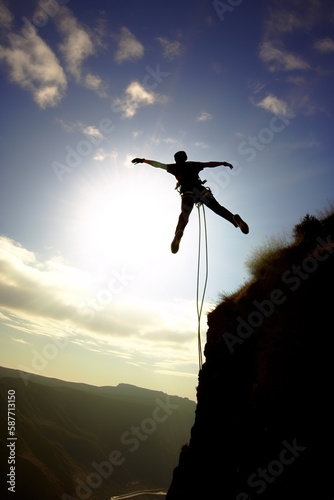 Silhouette of man doing bungee jumping. Generative AI vertical shot