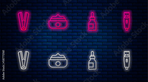 Set line Gel or wax for hair styling, Oil bottle, Curling iron and Hair clipper. Glowing neon icon on brick wall. Vector