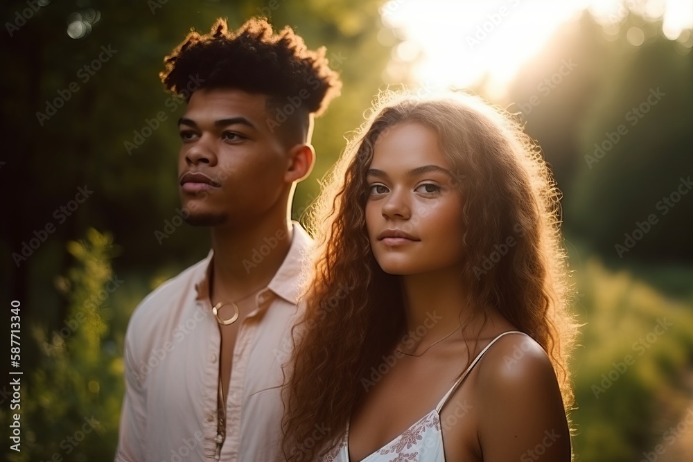 Attractive young couple walking, hiking on a woodland walk trail together Attractive young couple walking, hiking on a woodland walk trail together