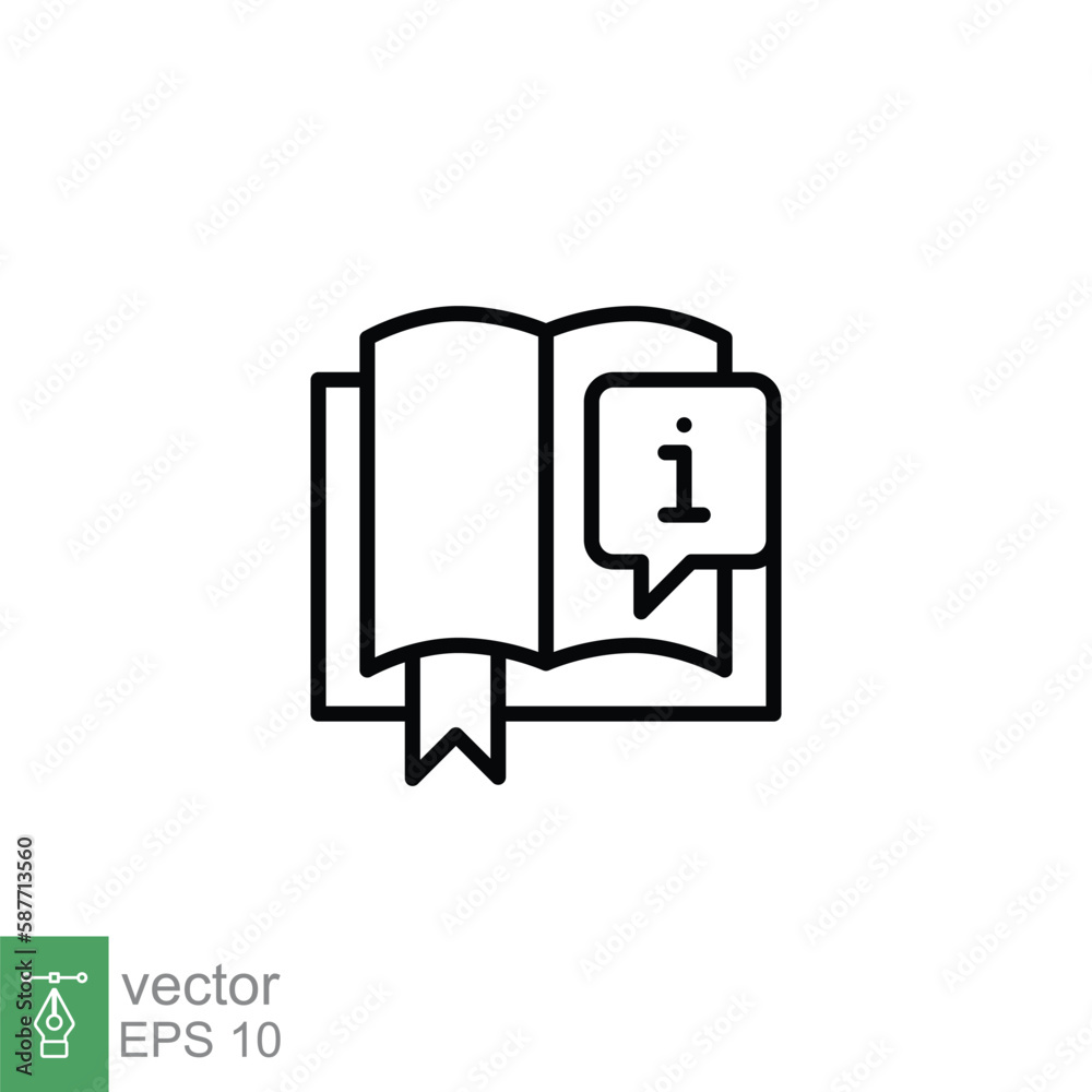 Book with information mark icon. Encyclopedia, catalogue, info and faq concept. Simple outline style. Thin line symbol. Vector illustration isolated on white background. EPS 10. Book with information mark icon. Encyclopedia, catalogue, info and faq concept. Simple outline style. Thin line symbol. Vector illustration isolated on white background. EPS 10.