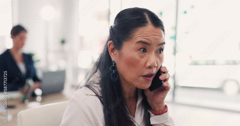 Business, phone call and Asian woman with plans, discussion and communication for startup, deadline or ideas in office. Japanese female employee, entrepreneur or consultant with cellphone and talking