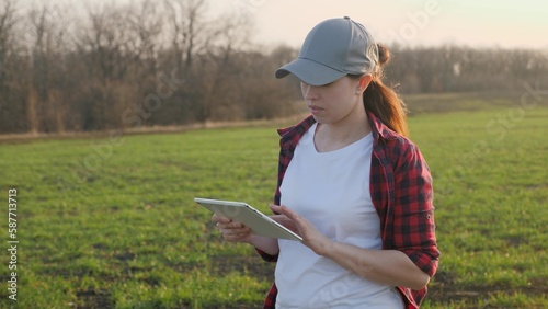 Farmer businessman working in field, looking at tablet computer, business woman. Modern agriculture, growing grain, vegetables. Young woman with digital tablet checks seedlings in plantation. Work