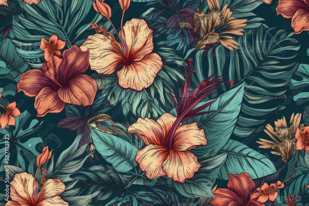 wallpaper with orange flowers and green leaves. Generative AI