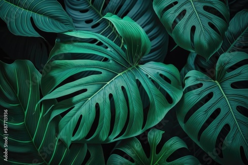 Tropical background with monstera leaves. Nature concept. Green monstera tree foliage decoration design. Plant with exotic leaf closeup Generative ai