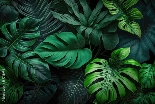 Tropical background with monstera leaves. Palm leaves pattern background. Green monstera tree foliage decoration design. Plant with exotic leaf closeup Generative ai