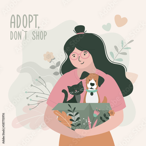 Adopt friend, don't shop - cute dogs and cat sitting in box. Pet adoptation. Animal care, adoption. Help homeless animals find home concept. Woman volunteer holds lonely pets