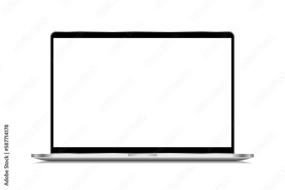 Modern realistic silver grey open laptop on white  isolated background. computer notebook with empty screen. blank copy space on modern mobile mock up. Mock-up PC display for presentation. - obrazy, fototapety, plakaty 