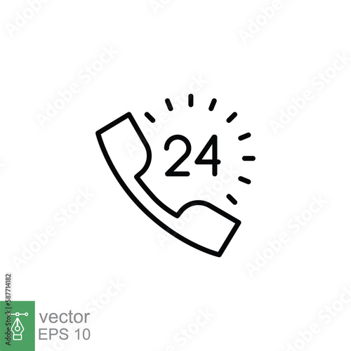 Call center 24 hours with phone icon. Full time service, technical support concept. Simple outline style. Thin line symbol. Vector illustration isolated on white background. EPS 10.