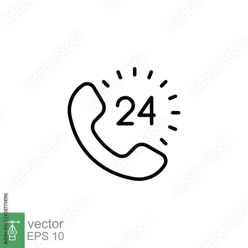 Call center 24 hours with phone icon. Full time service, technical support concept. Simple outline style. Thin line symbol. Vector illustration isolated on white background. EPS 10. photo