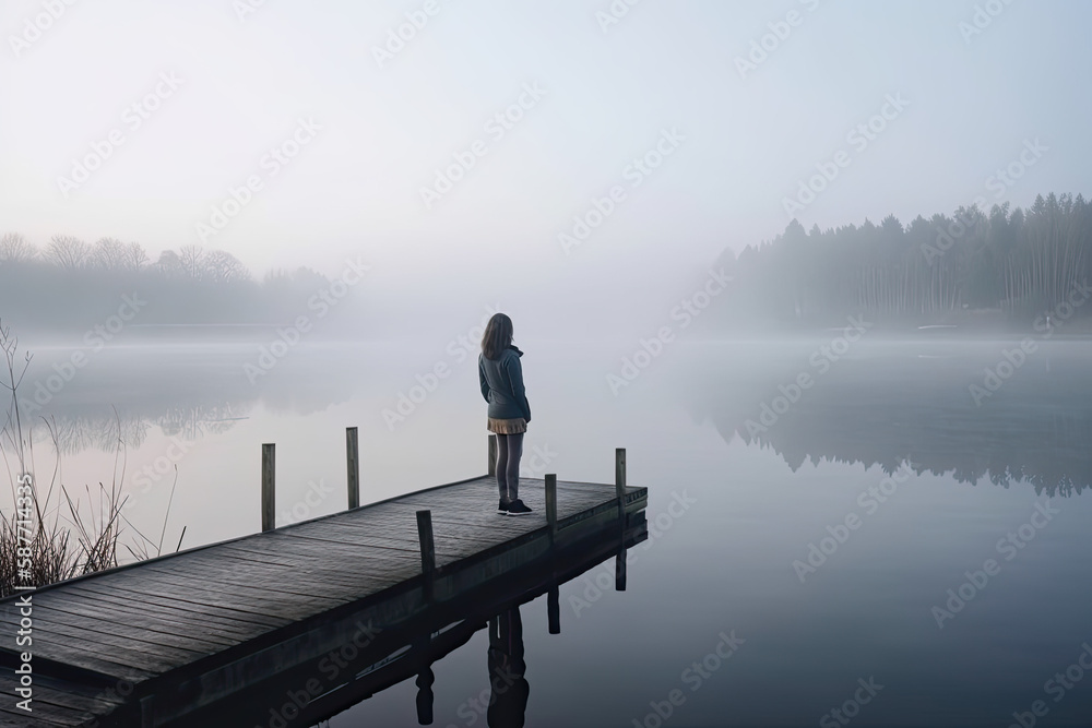 A lonely woman standing backwards on a jetty by a lake, looking into the distance.. Generative AI.