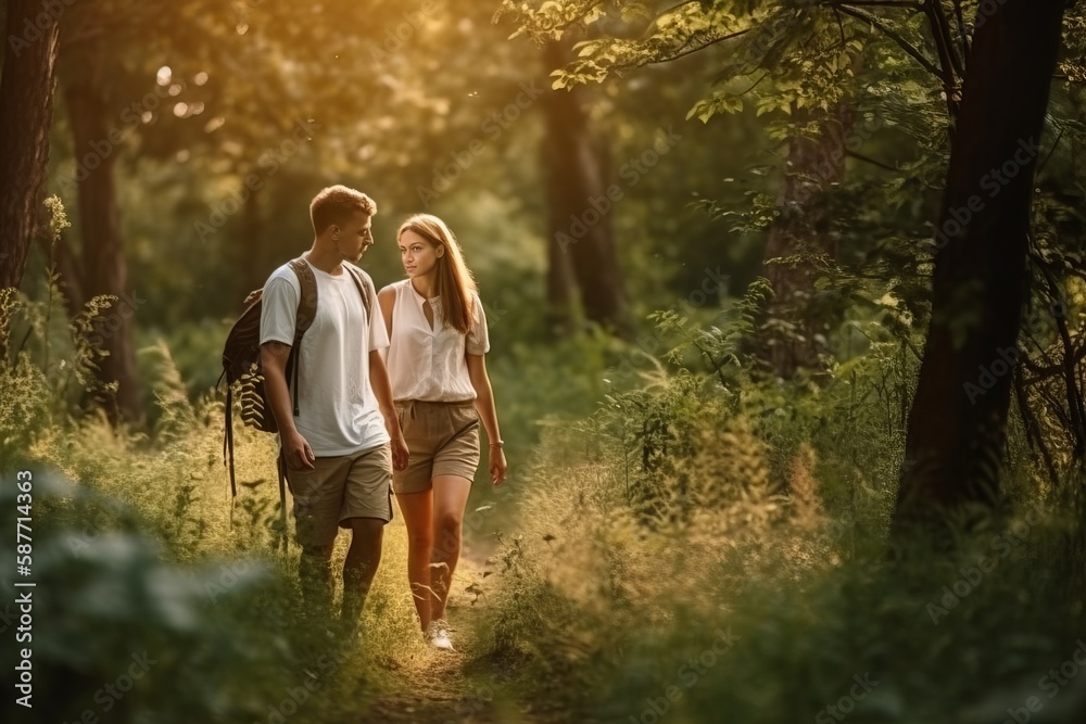 Attractive young couple walking, hiking on a woodland walk trail together Attractive young couple walking, hiking on a woodland walk trail together