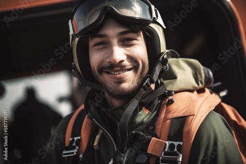 Portrait of young man about to do skydive. Generative AI © Pajaros Volando