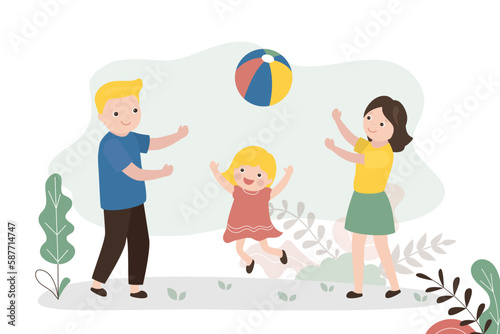 Parents play ball with their little daughter. Family spend time together  weekend. Active games  mom and dad play with cute child. Caucasian people outdoors