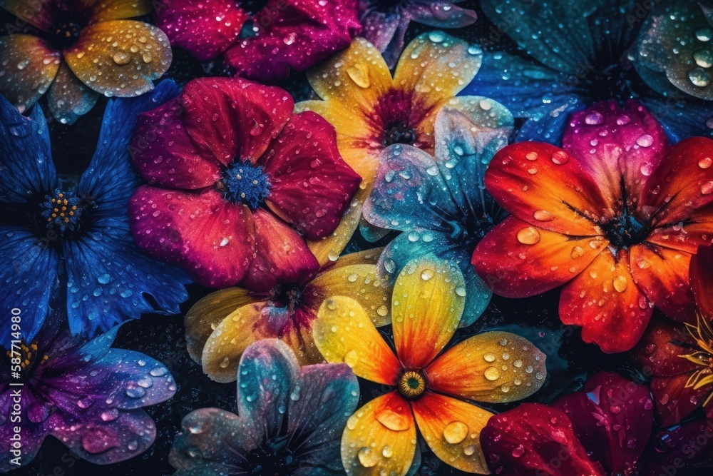 Illustration of colorful flowers covered in glistening water droplets. Generative AI