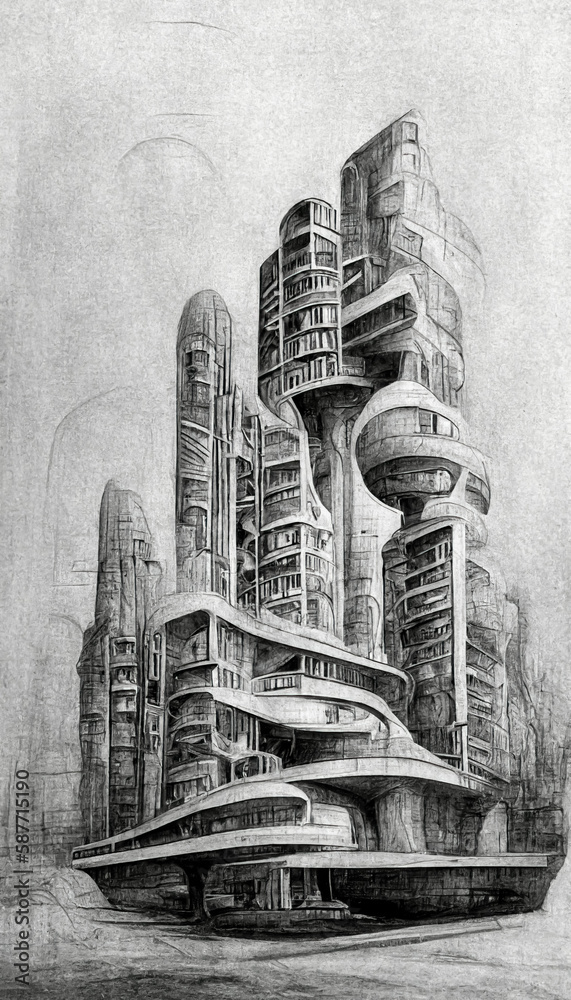 Futuristic surreal urban modern architecture pencil drawing style. Fantasy alien city. Generative AI.
