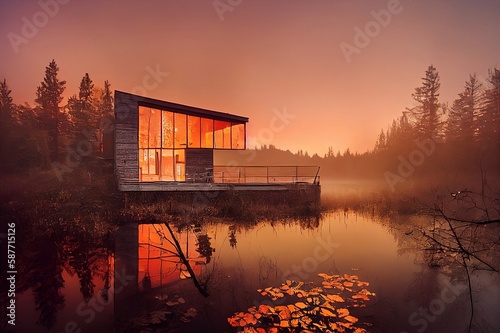 lake house in an autumn landscape