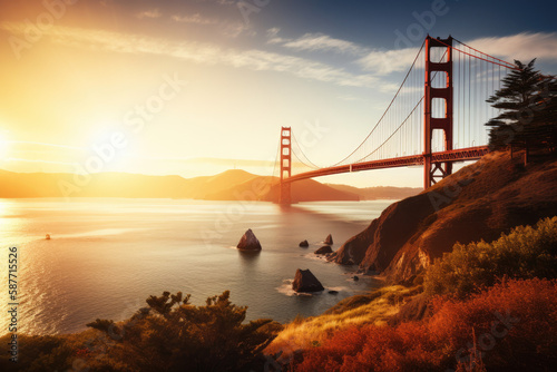 Famous Golden gate bridge at sunrise, generative AI