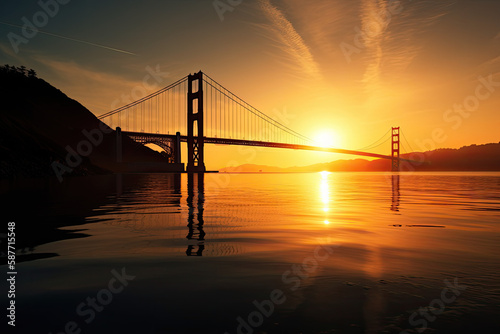 Famous Golden gate bridge at sunrise, generative AI © Kien