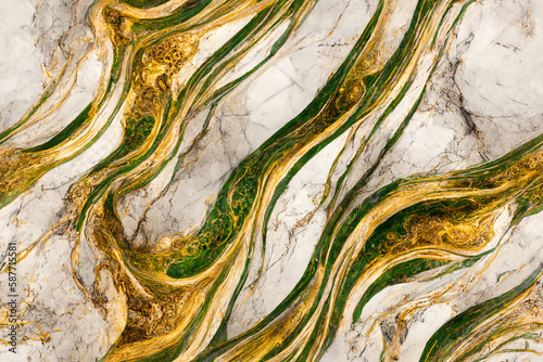 Abstract natural seamless white marble with green and gold details pattern, textured continuous tiled background, repeating amazing wallpaper, generative ai