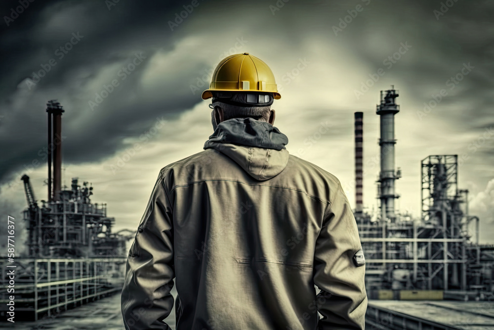 Back view of industrial worker wearing protective uniform and safety helmet standing near heavy industry factory. Created with Generative AI Back view of industrial worker wearing protective uniform and safety helmet standing near heavy industry factory. Created with Generative AI