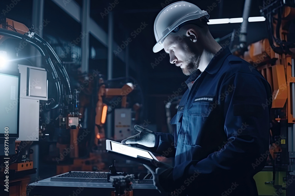 Engineer with tablet computer at factory workplace. Industrial worker controls operation of robotic production line. Created with Generative AI