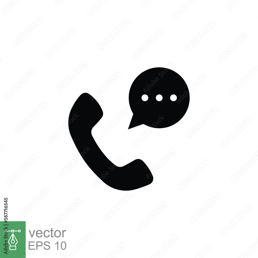 Old phone handset and talk bubble icon. Telephone support, communication concept. Simple solid style. Black silhouette, glyph symbol. Vector illustration isolated on white background. EPS 10. Old phone handset and talk bubble icon. Telephone support, communication concept. Simple solid style. Black silhouette, glyph symbol. Vector illustration isolated on white background. EPS 10.