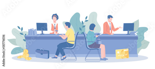 Professional banking service, Bank office. Bank workers providing services to customers. Credit, deposit consult management. Vector illustration with character situation for web.