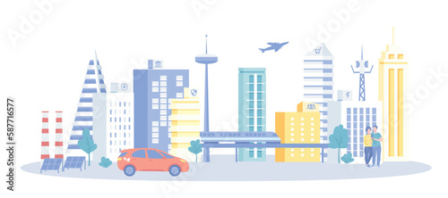 Smart Modern City. Urban architecture and infrastructure.  Innovative technologies for saving the planet. Vector illustration with character situation for web.