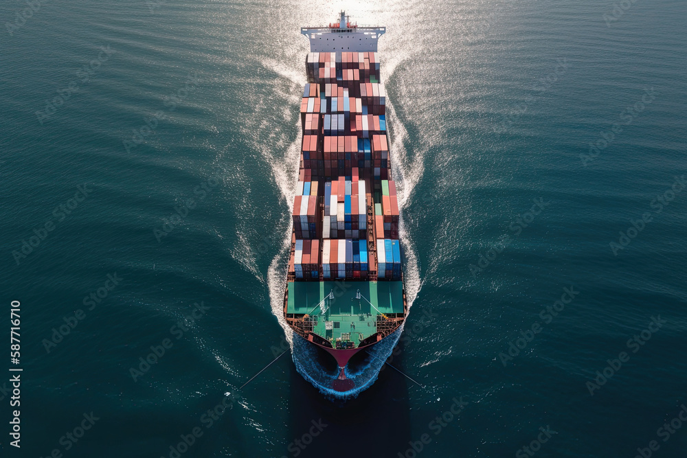 Container ship carrying container in sea, aerial view. Cargo maritime ship. Logistic concept. Created with Generative AI Container ship carrying container in sea, aerial view. Cargo maritime ship. Logistic concept. Created with Generative AI