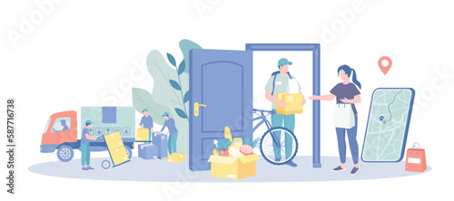 Express Delivery. Parcel shipment with courier, online shopping, purchase goods, receive box. Vector illustration with character situation for web.