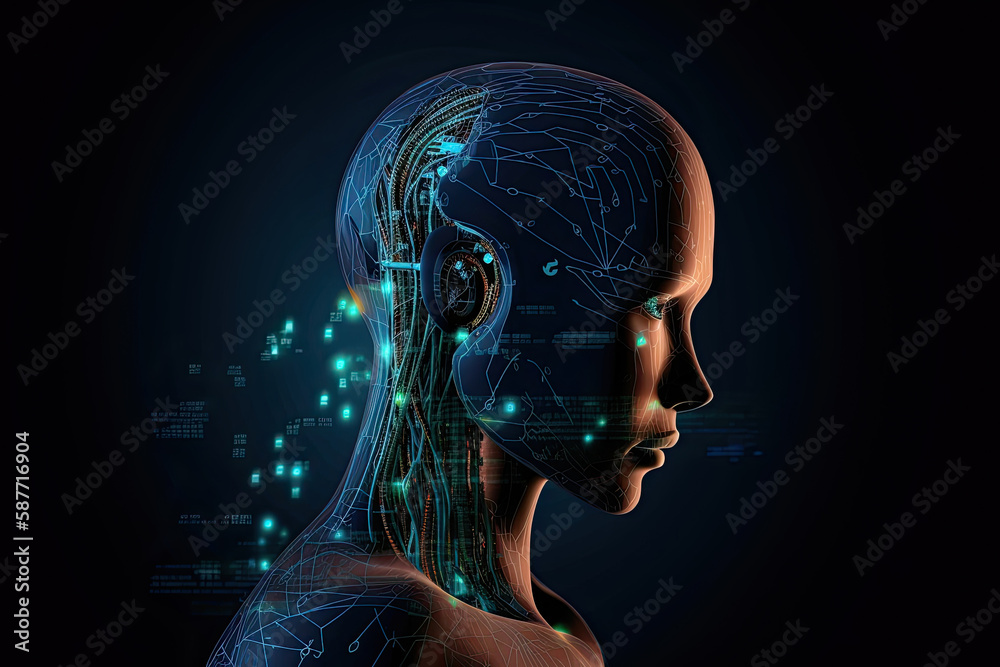 Visualizatipon of human consciousness in artificial intelligence, process of thinking robot. Humanoid android on dark background with neurals connection. Created with Generative AI Visualizatipon of human consciousness in artificial intelligence, process of thinking robot. Humanoid android on dark background with neurals connection. Created with Generative AI