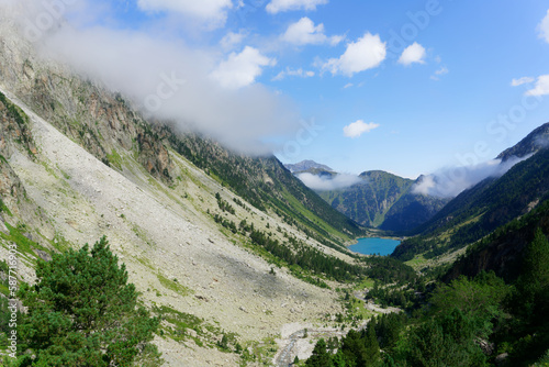 Far view of the lake of gaube in the pyrenees on the oulettes de gaube refuge path.