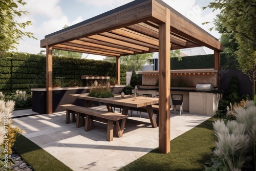 Fototapete cozy outdoor patio with a pergola covering a table and benches