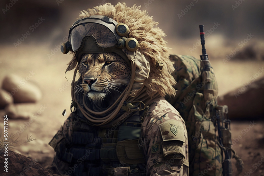 Lion dressed in military uniform as a soldier. Powerful commander army figure. Ai generated.