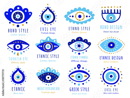 Ethnic boho style blue greek protection from the spoilage signs with golden glitter details. Turkish evil eye symbols with sequins. EPS 10 vector illustration set. Isolated on the white background.