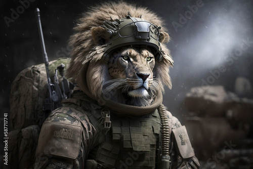 Foto Lion dressed in military uniform as a soldier