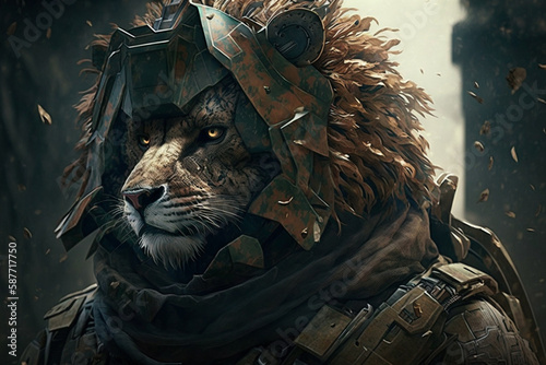 Foto Lion dressed in military uniform as a soldier