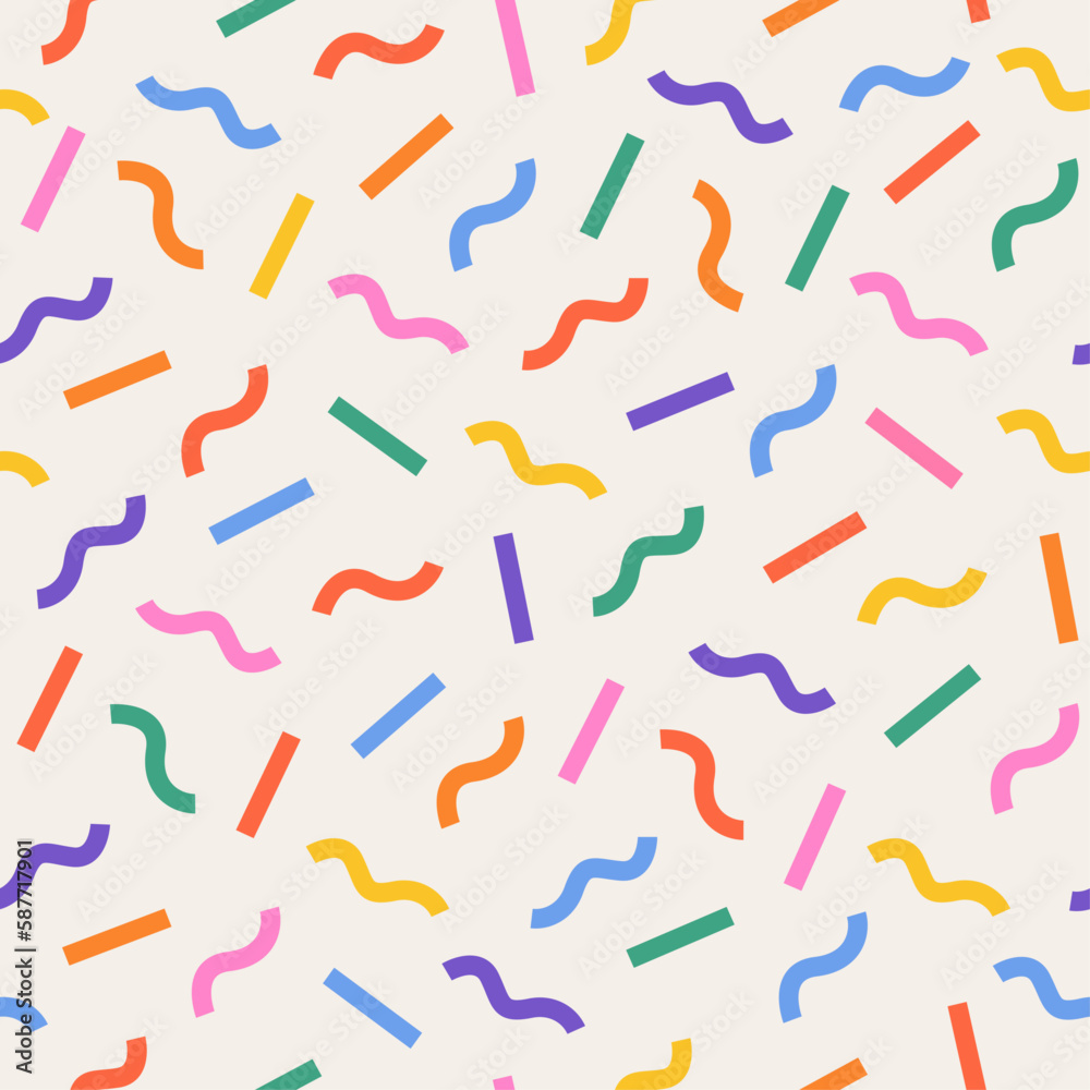 Fun and colorful seamless pattern. Pattern includes bright elements, such as colorful lines, and curved lines. The simple and childish scribble pattern makes it a playful and whimsical design.