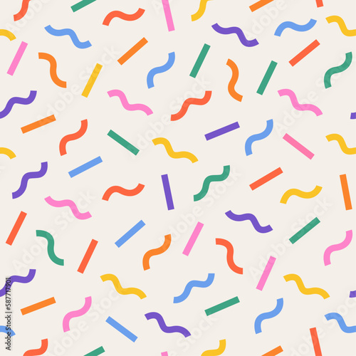 Fun and colorful seamless pattern. Pattern includes bright elements, such as colorful lines, and curved lines. The simple and childish scribble pattern makes it a playful and whimsical design.